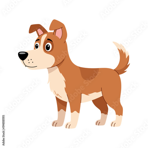A cartoon dog with brown and white fur standing on a white background