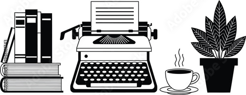 vintage typewriter with books and coffee