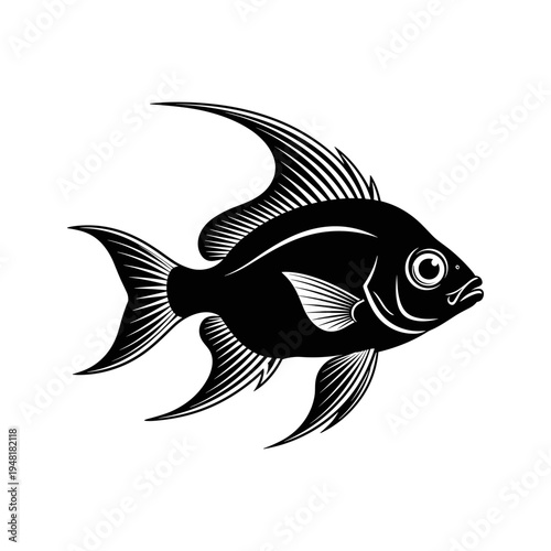 A black and white drawing of a fish