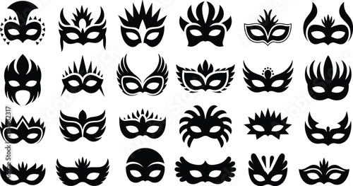 Venetian carnival mask silhouettes collection isolated on white background, decorative masquerade party design elements for festival, theater costume and celebration concept
