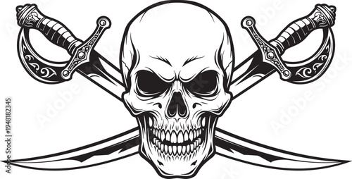 Pirate skull vector illustration with crossed ornate swords, fierce menacing design, danger rebellion adventure theme, bold black white artwork, swashbuckler emblem symbol