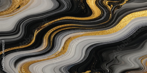 Dynamic black and yellow liquid art features a wavy gold swirl pattern and a flowing water texture for a colorful wallpaper design backdrop