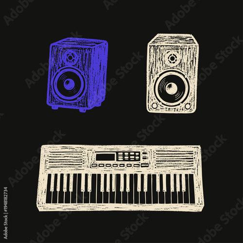 Hand-drawn style vector graphic featuring musical instruments including two audio speakers and a keyboard synthesizer on a dark background, ideal for music-themed designs