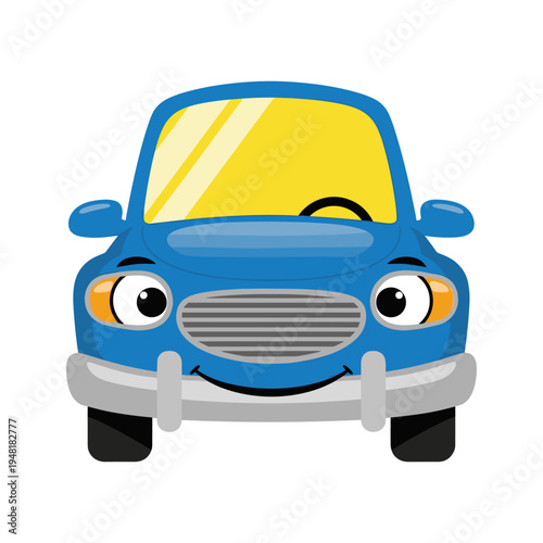 A blue cartoon car with a smiling face