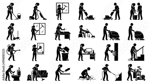 Cleaning Service Worker Silhouette Icon Set Vector – Janitor Sanitation Maintenance Symbols