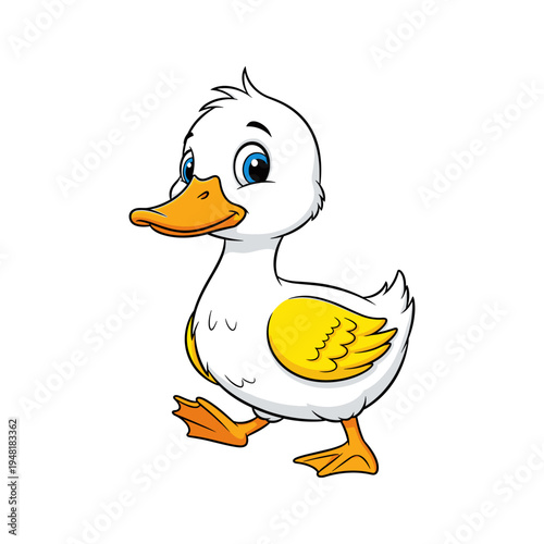 A cartoon duckling with a yellow wing and orange beak