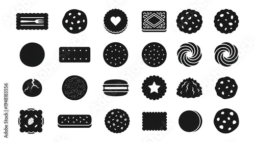 Tea Time Cookie Biscuit Silhouette Icon Set Vector – Bakery Snack Dessert Symbols