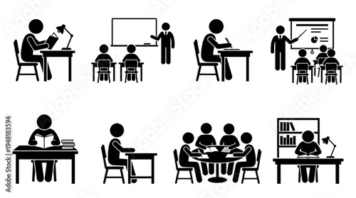 Student Classroom Learning Silhouette Icon Set Vector – Education Study School Activity Symbols