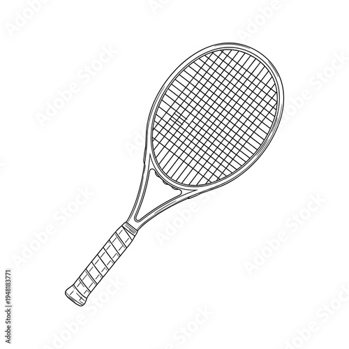 A black and white drawing of a tennis racket