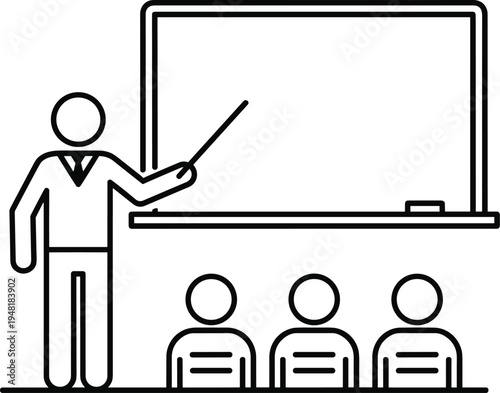 Teacher teaching students in classroom illustration, education lesson presentation concept, school training board instruction icon, learning vector design