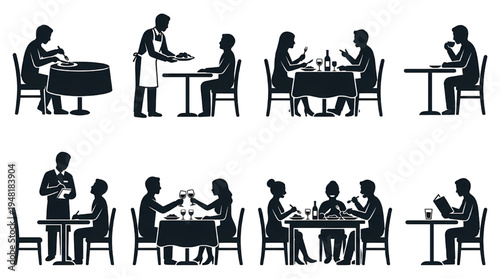 Restaurant Dining Silhouette Icon Set Vector – Eating Food Service Lifestyle Symbols