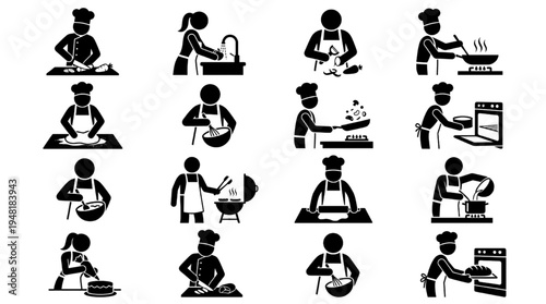 Cooking Kitchen Activity Silhouette Icon Set Vector – Chef Food Preparation Culinary Symbols