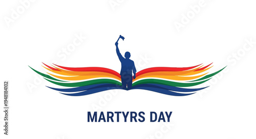 A patriotic illustration of a person raising a flag, symbolizing Martyrs Day in India with a colorful winged design