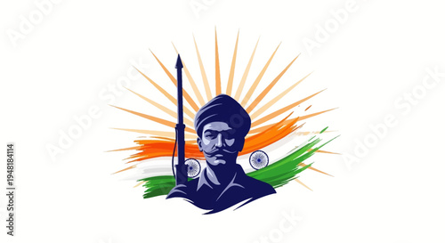 Illustration of a patriotic Indian character in a turban holding a spear with the Indian flag and eagle symbol in a colorful vector art design for Shaheed Diwas or Martyrs Day tribute