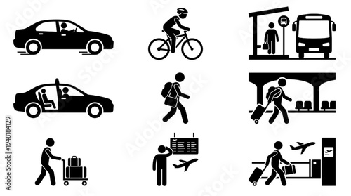 Transportation Commuting Silhouette Icon Set Vector – Travel Vehicle Mobility Lifestyle Symbols