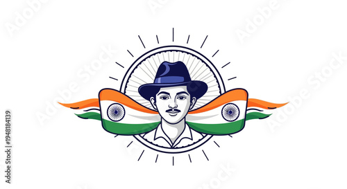 Illustration of a patriotic character wearing a blue hat, surrounded by the Indian flag and sunburst design, symbolizing Shaheed Diwas or Martyrs Day in India