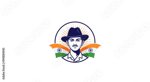 Illustration of a patriotic silhouette character wearing a hat, surrounded by the Indian flag and sunburst, symbolizing Shaheed Diwas or Martyrs Day in a colorful vector art style