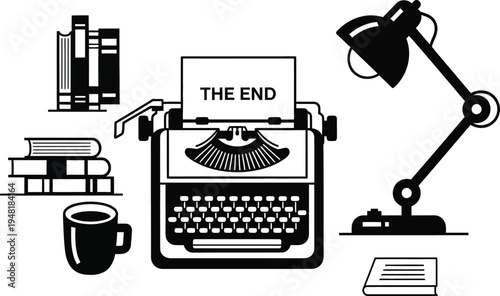 vintage typewriter with 'the end' paper and office supplies