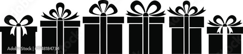 A row of elegantly wrapped gifts in black and white