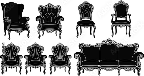 Vintage Baroque Furniture Silhouette Set featuring Classic Armchairs Royale Sofa and Antique Victorian Chairs Vector Illustration for Interior Design Decor and Luxury Home Branding