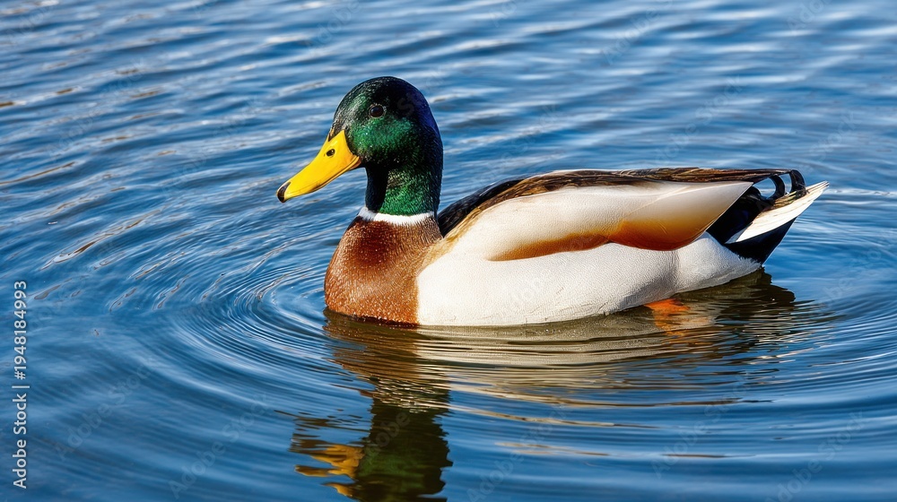 Fototapeta premium Male waterfowl glides across blue rippling water surface