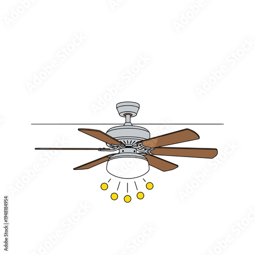 A ceiling fan with light and wooden blades