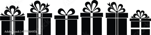 Black and white illustration of six elegantly wrapped gifts in a row