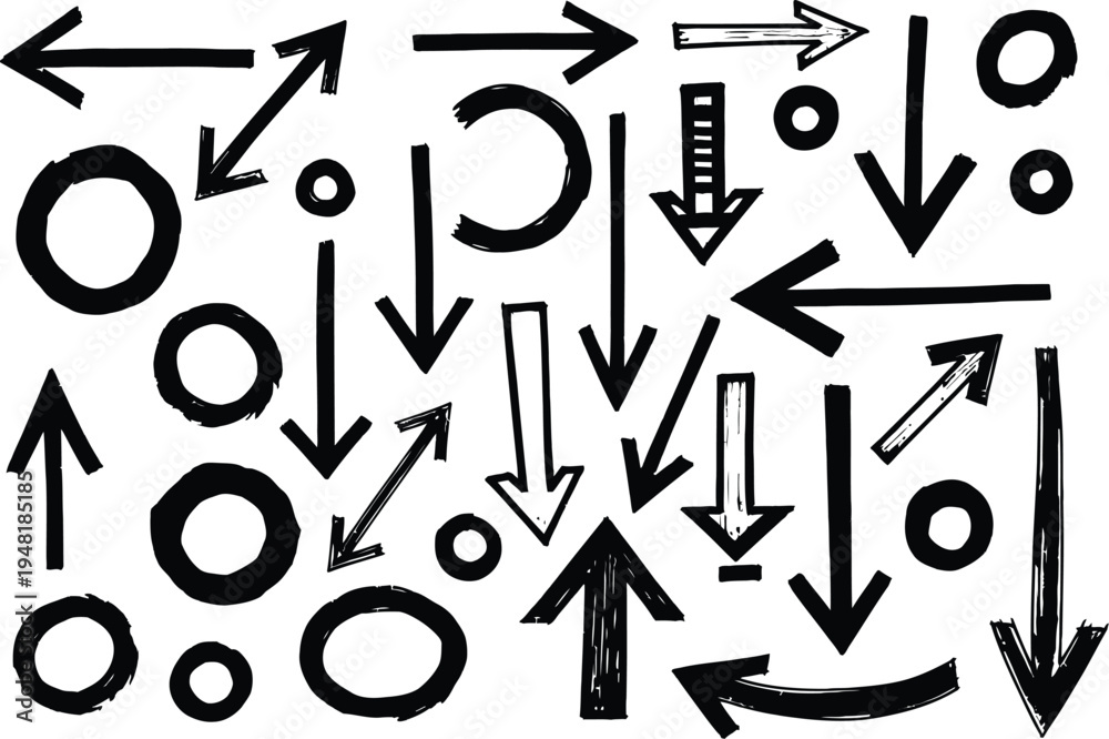 Fototapeta premium Collection of various black arrows and circular shapes on white background