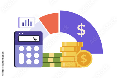 Expense Ratio Calculation and Investment Cost Analysis. A calculator next to a percentage pie chart and money stacks, the cost of managing funds and the impact of expense ratios on investments