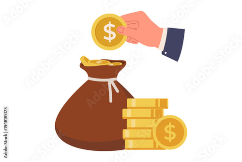 Hand Putting Gold Coin into Money Bag for Fixed Deposit. A close-up of a hand depositing a dollar coin into a brown money sack next to stacks of coins, representing fixed deposits, time-bound savings