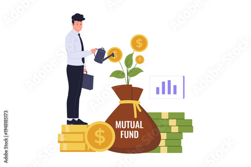 Mutual Fund Investment and Wealth Growth Illustration. A businessman watering a money tree growing out of a Mutual Fund bag, symbolizing long-term financial growth and managed investment portfolios