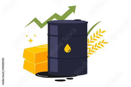 Global Commodity Trading and Natural Resource Exchange Concept. Various natural resources and a globe, representing the international trading of commodities like oil, gold, and agricultural products