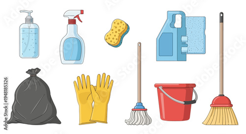 Cleaning Supplies Set Featuring Various Household Cleaning Tools