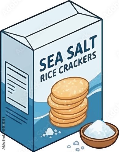 Sea Salt Rice Crackers Vector Illustration Blue Box with Round Crackers and Salt Bowl Cartoon Style