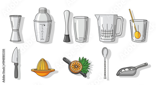 Bartender Tools and Cocktail Ingredients Set Illustration