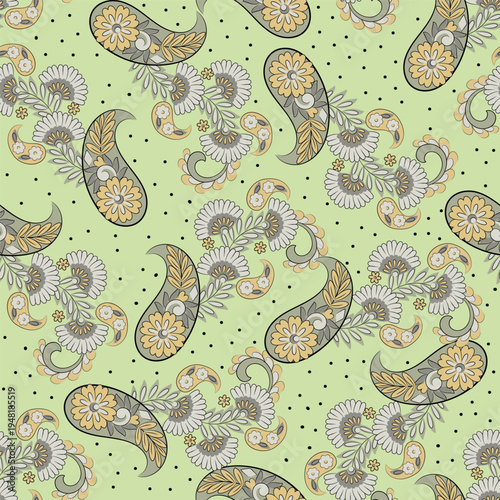 Floral seamless pattern with paisley ornament. Vector illustration in asian textile style
