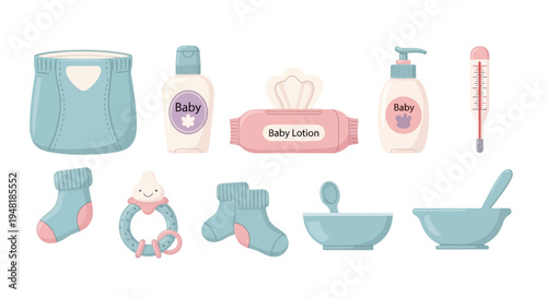 Baby Items and Daily Care Accessories Collection on White Background
