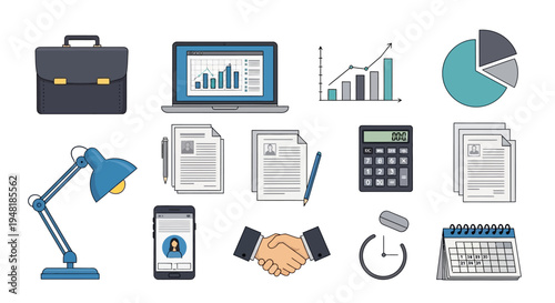 Business Office Elements Flat Design Icons Set for Productivity and Finance