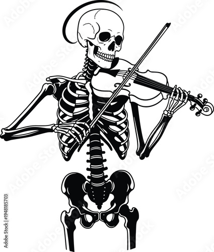 Skeleton playing violin illustration, spooky Halloween musician character, creepy bone violinist performance, gothic horror music themed vector design