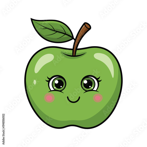 A cartoon green apple with a happy face
