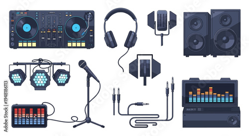 Music Studio and Dj Equipment Flat Vector Illustration Set