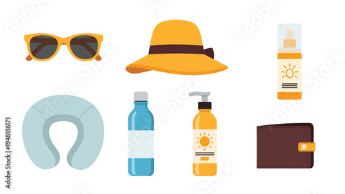 Summer Vacation Travel Essentials Flat Lay. Sun protection and comfort items like sunglasses, hat, sunscreen, water bottle, neck pillow, and wallet.