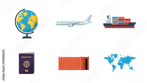 Global transportation, travel, and logistics flat icon set