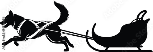 Dog pulling Christmas sleigh silhouette, winter holiday sled transport with husky dog harness, festive vector illustration design