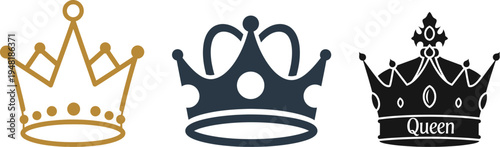 Three regal crown illustrations in gold black and white