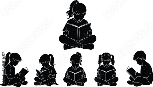 Black vector silhouette set of young children and students sitting cross legged and reading books isolated on white background for education and learning concepts