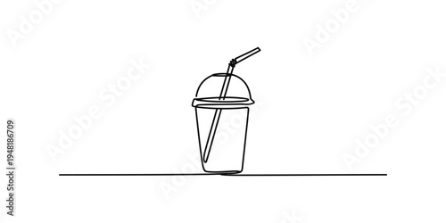 A continuous single line drawing of a takeaway drink cup with a domed lid and straw. Vector, illustration