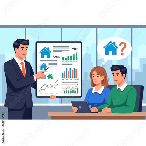A real estate agent presents a financial report with charts and graphs to a couple considering buying a house.