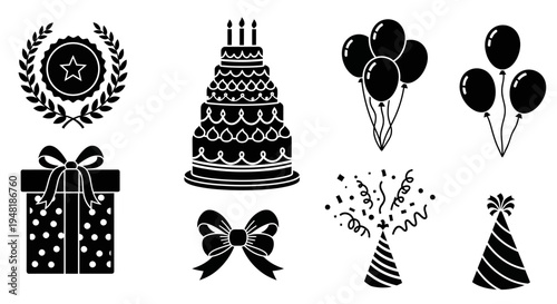 Elaborate Tiered Birthday Cake with Balloons and Party Popper