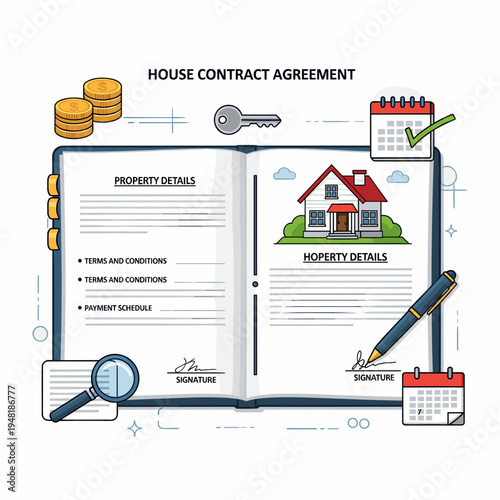 Illustration of a house contract agreement with property details, terms and conditions, payment schedule, signature lines, coins, a key, a calendar, a magnifying glass, and a pen.